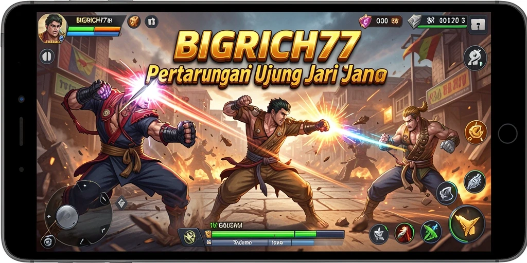 Screenshot gameplay <strong>BIGRICH77</strong> menampilkan pertarungan epik antar karakter.