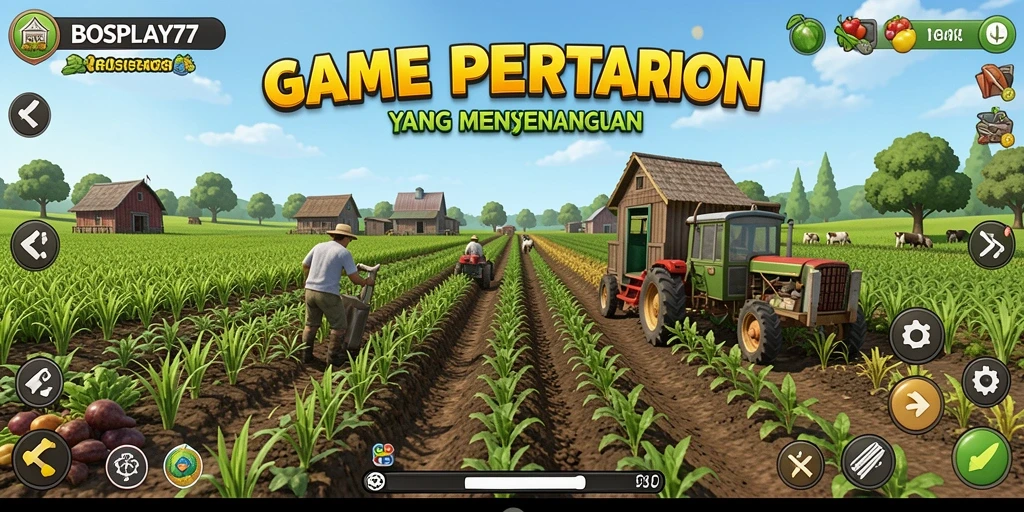 Tampilan gameplay BOSPLAY77 menampilkan ladang subur dengan tanaman yang tumbuh.