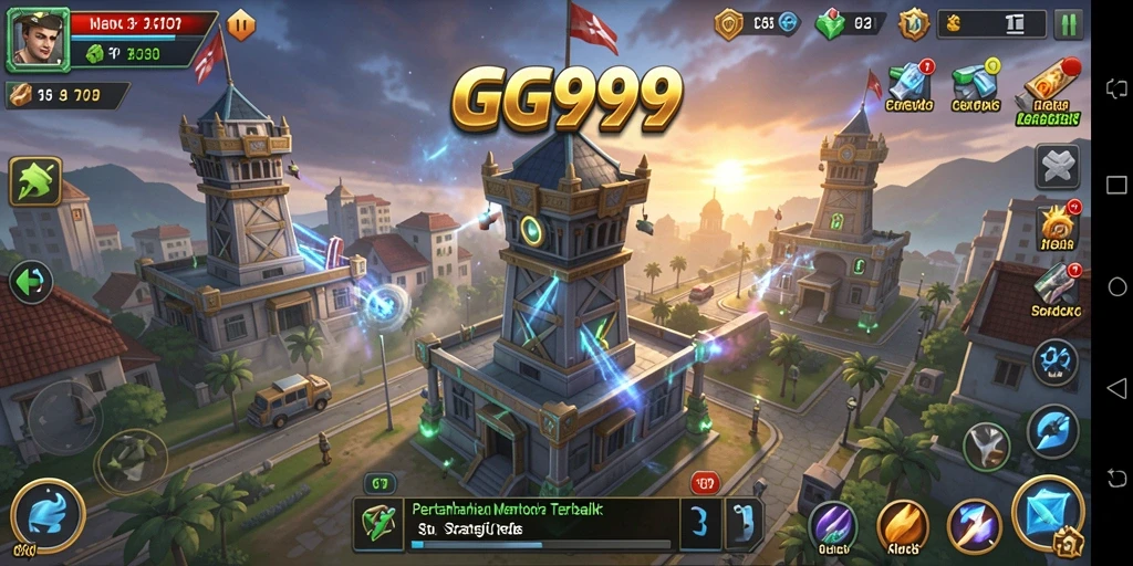 Screenshot gameplay GG999 menampilkan aksi pertahanan menara yang mendebarkan.