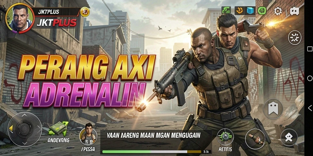 Screenshot utama JKTPLUS menampilkan aksi seru dalam pertarungan epic.