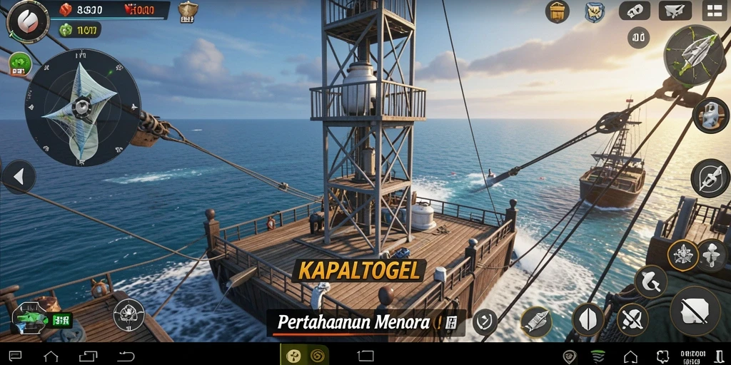 Tampilan gameplay KAPALTOGEL saat mempertahankan menara dari serangan musuh.