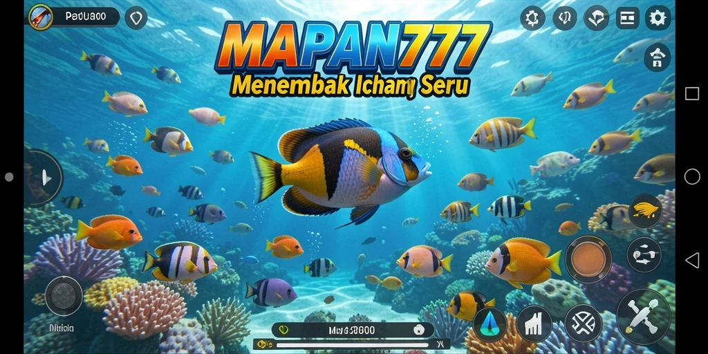 Tampilan gameplay seru dari MAPAN777 menembak ikan yang berwarna-warni.